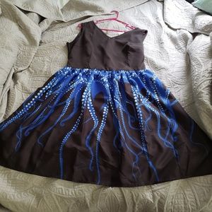 Black and blue octopus fit and flare dress